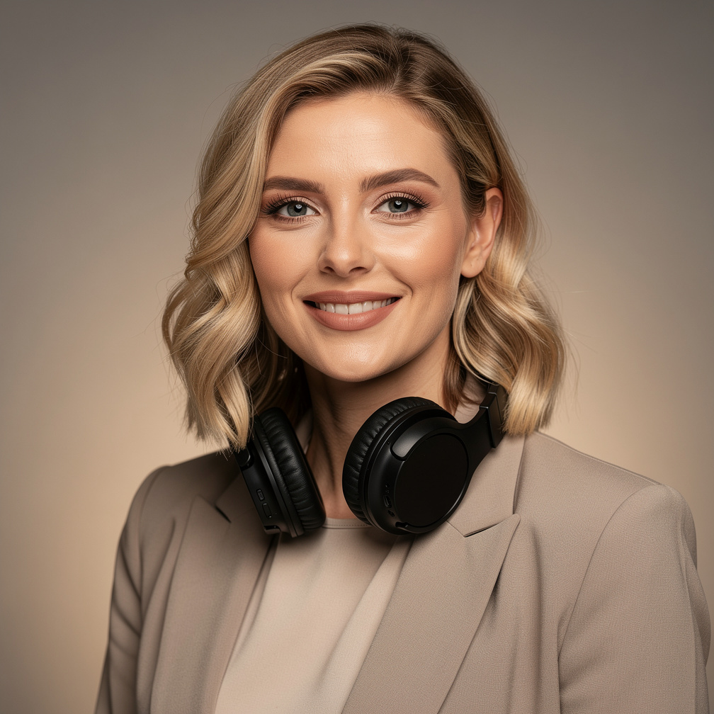 Professional studio portrait of a Belgian female podcast host with headphones