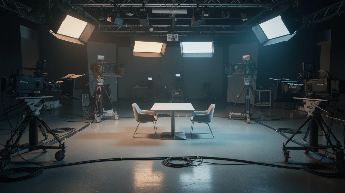 Empty professional television studio set with lighting rigs and cameras
