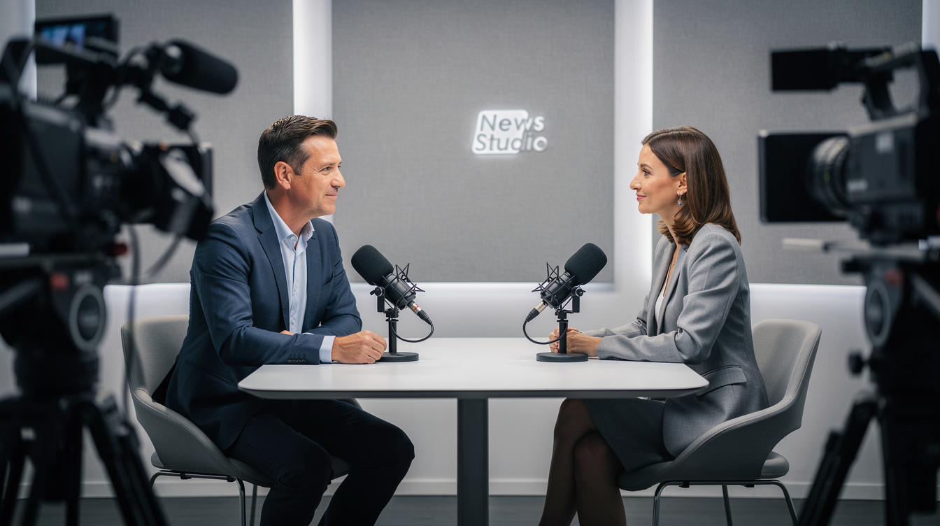 Journalist interviewing a guest in a professional broadcast studio with microphones