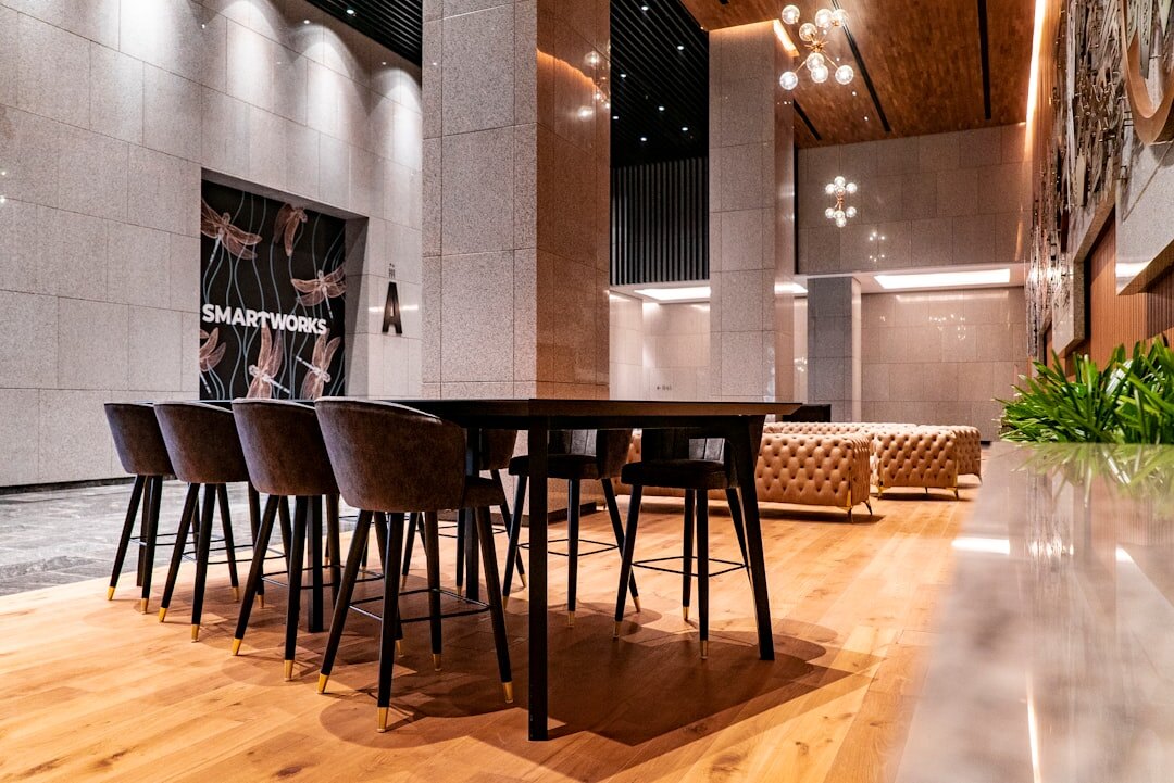 Modern media association office interior with a meeting table
