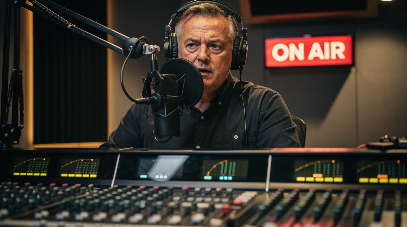 Radio host wearing headphones speaking into a microphone in a broadcast booth